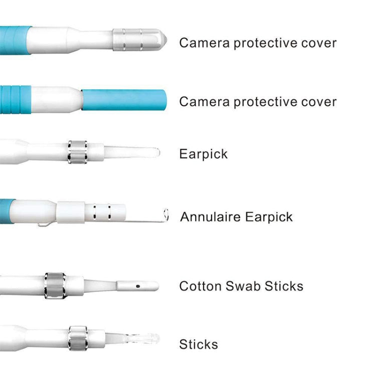 Ear inspection camera tips showing protective covers, ear pick, and cotton swab sticks