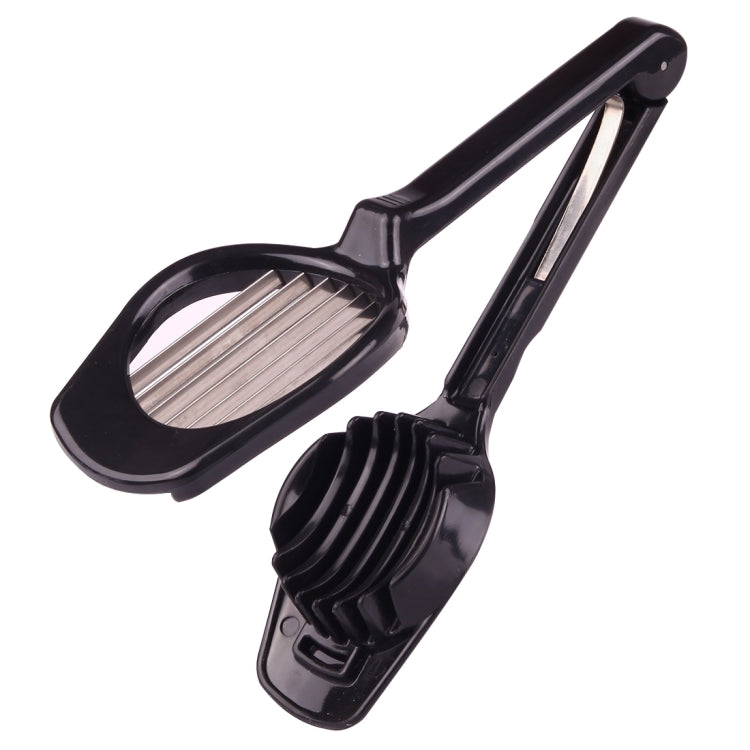 Black egg slicer with two parts: gripper ring and vertical slicing blade frame