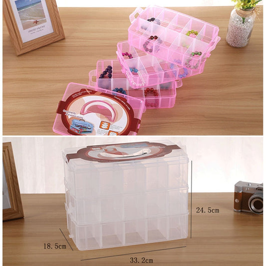 Three-layer plastic storage box with pink trays, translucent compartments for jewelry and accessories