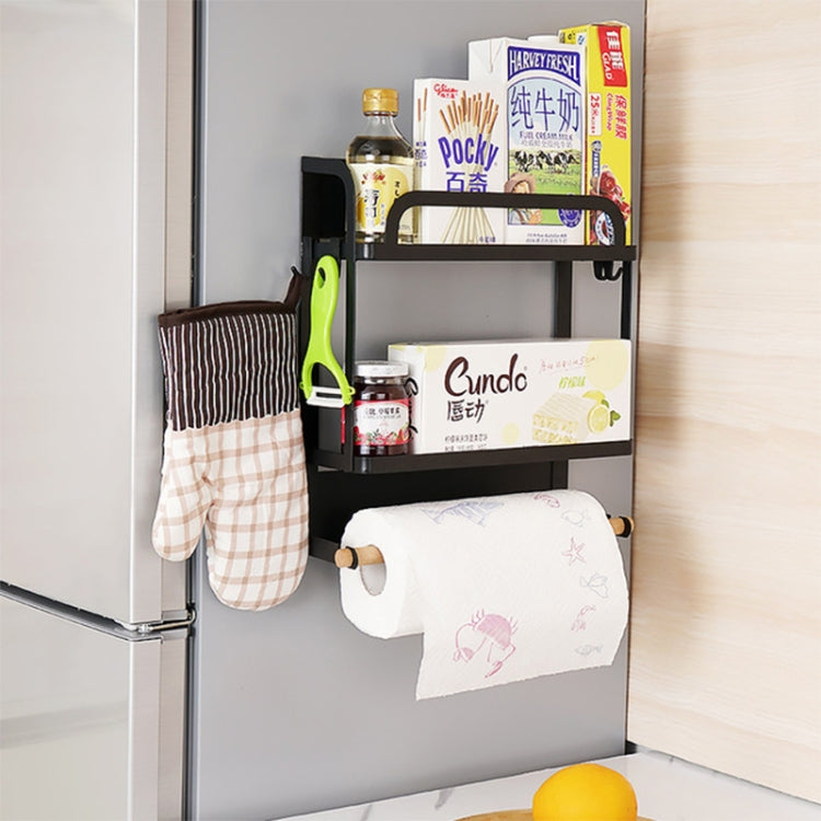Double-layer magnetic refrigerator storage rack with two shelves and paper towel holder