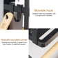 Rack detail with movable hooks, smooth rounded corner, and wooden dowel towel bar