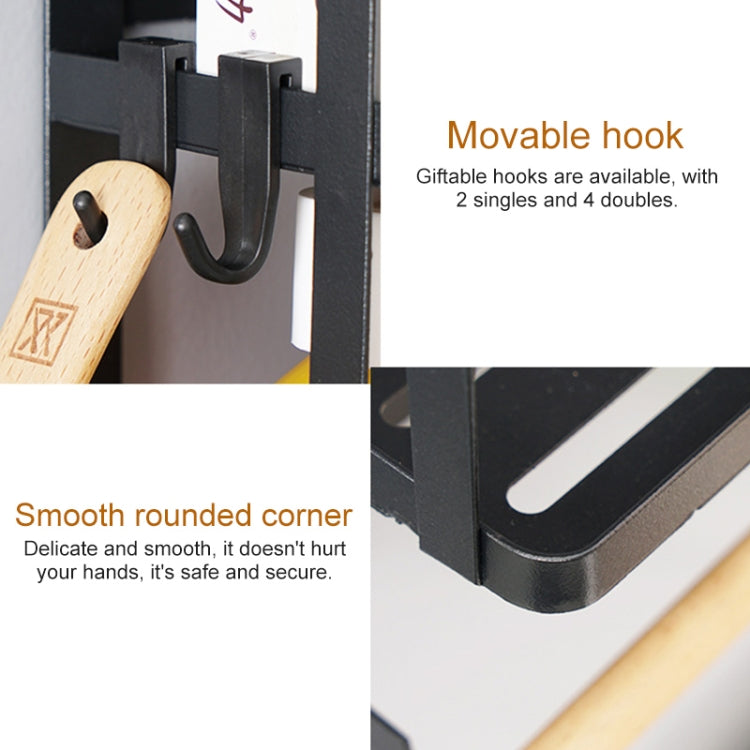 Rack detail with movable hooks, smooth rounded corner, and wooden dowel towel bar