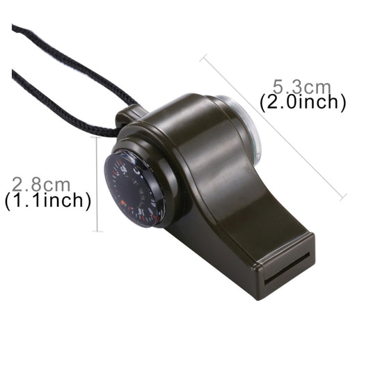 Mini handheld whistle compass thermometer with round compass dial and lanyard