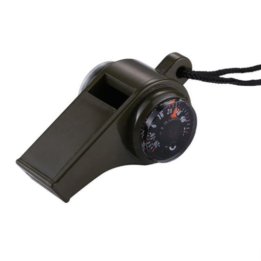 Compact outdoor handheld 3-in-1 whistle compass thermometer, dark green with cord