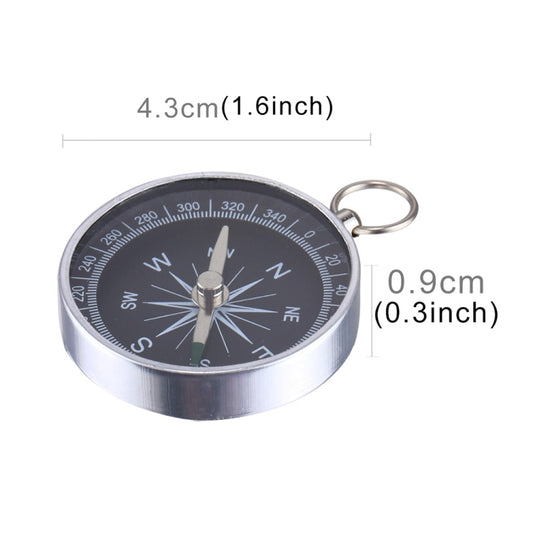 Compact pocket compass with dark dial, silver housing, keychain ring, size marks