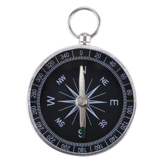 Black pocket compass with silver bezel and keychain ring