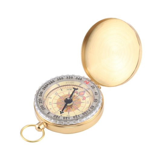 Brass pocket compass with hinged lid and detailed compass dial, gold-tone