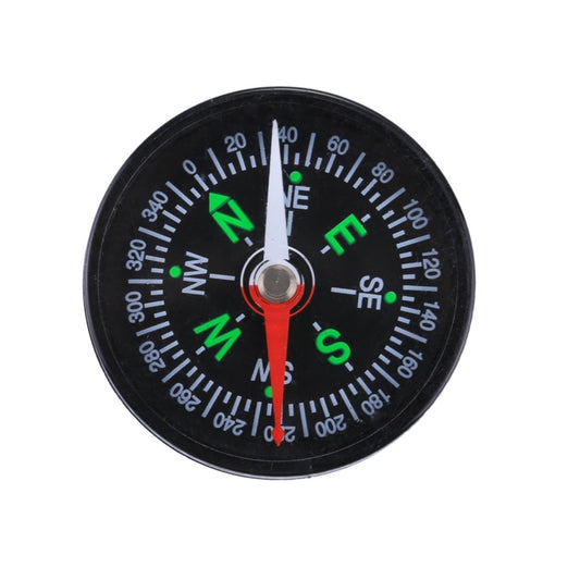 40mm plastic compass with black dial, red pointer and green N, E, S, W letters