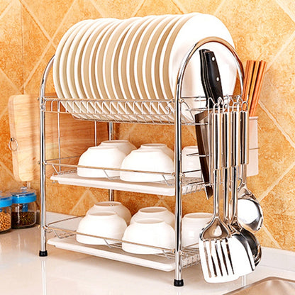 Three-layer arch dish rack with utensil holder, chrome wire frame and white base