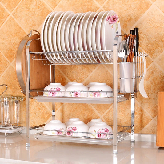 Chrome stainless dish rack with three-tier plate holders and hanging utensil tool slots