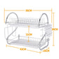Chrome two-tier dish rack with side handles and tool holder, dimension diagram