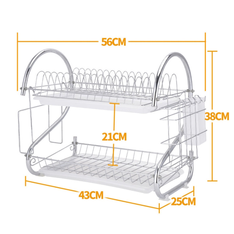 Chrome two-tier dish rack with side handles and tool holder, dimension diagram