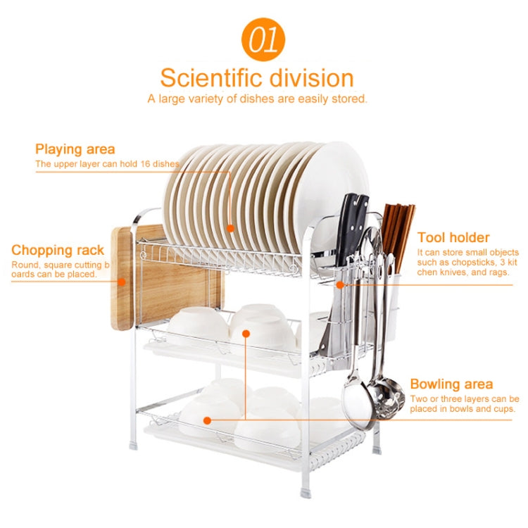 Chrome dish rack with stacked plates and knife tool holder, front 3/4 view
