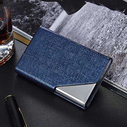 Blue textured card holder wallet with silver metal frame for ID and credit cards
