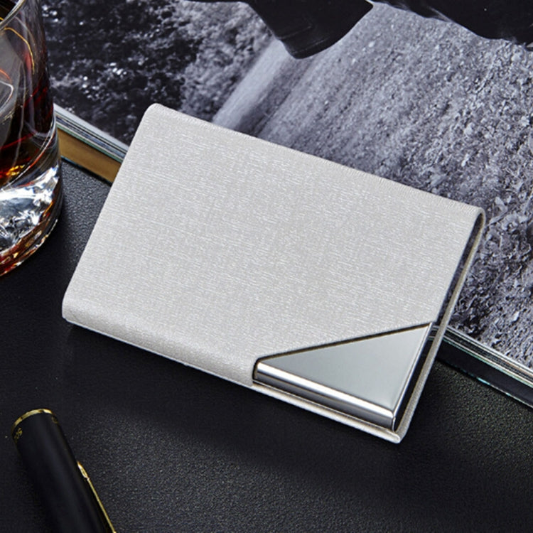 White textured card holder wallet with silver metal frame for ID and credit cards