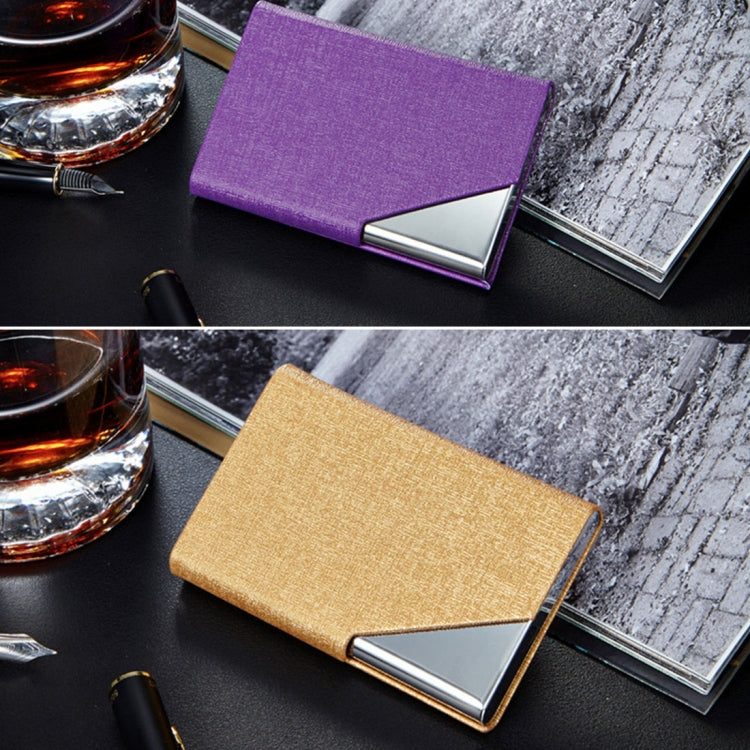 Purple and tan textured card holder wallets with silver metal frames for ID cards