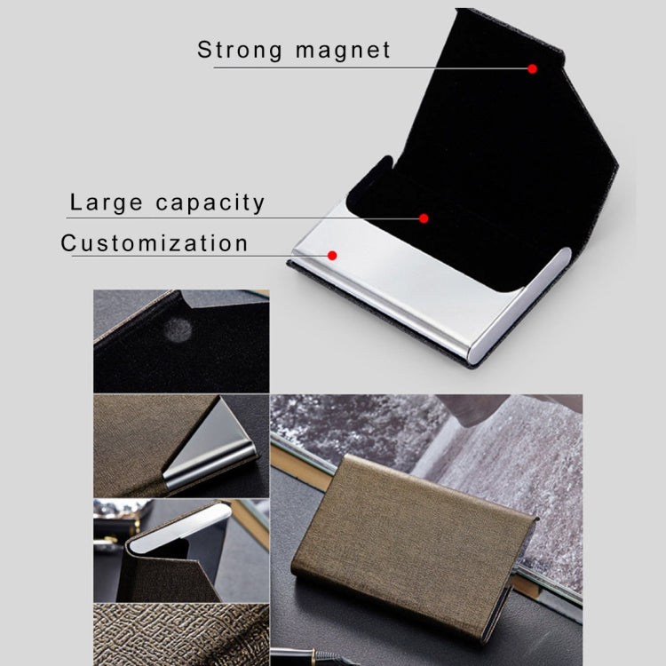 Black textured card holder wallet with silver metal card frame and magnetic fold
