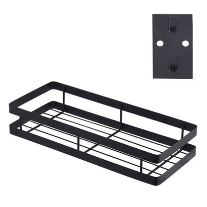Black wall-mounted seasoning rack with two-tier wire shelves and side rails