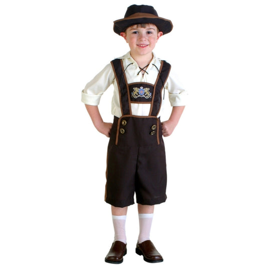 Children's beer costume: front view with white shirt, brown-trim lederhosen shorts, top hat