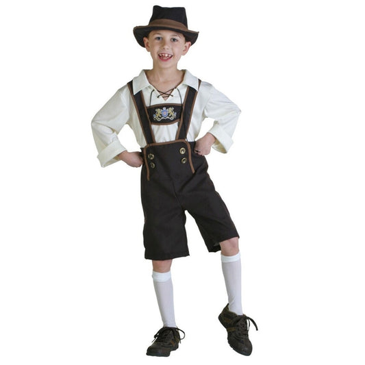 Children's beer costume with white shirt, brown suspenders, dark lederhosen, top hat
