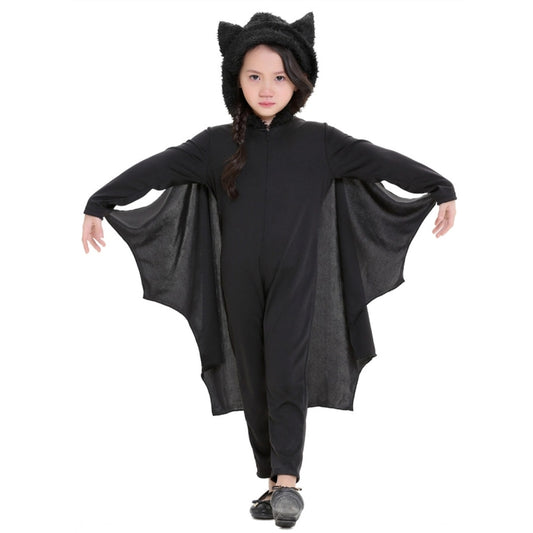 Children’s black bat-style jumpsuit costume with hood and winged cape sleeves