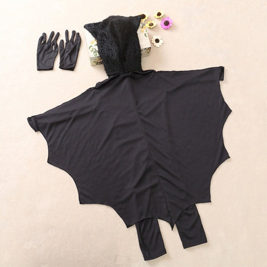 Children's black bat-style hooded jumpsuit with wide cape wings and gloves