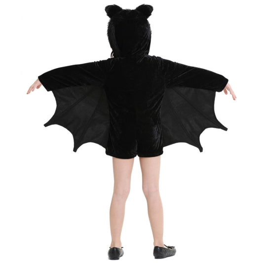 Black plush-hood bat-wing costume romper, back view with wide wing cutouts