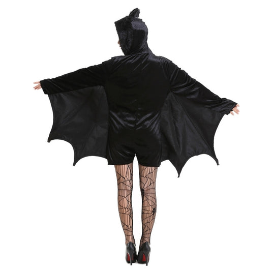 Black hooded bat cape costume with winged back, paired with fishnet tights