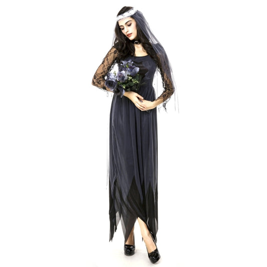 Black lace-sleeve ghost bride maxi dress with long veil headpiece and pointed hem