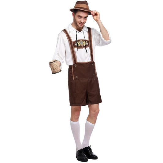 Men's beer costume: white shirt, brown lederhosen-style shorts with suspenders, and hat