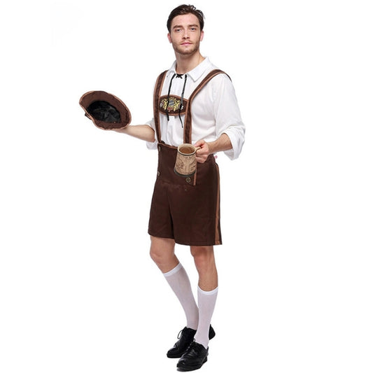 Mens beer-themed costume: white shirt with chest print, brown shorts and suspenders, hat, mug