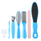 8-in-1 foot callus remover tools with blue handles, metal grater, and pink emery strip
