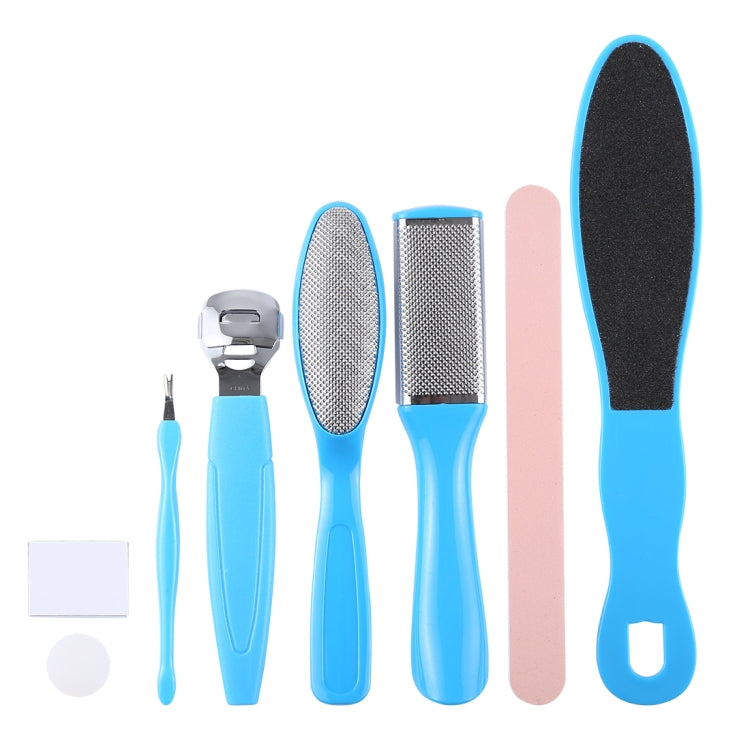 8-in-1 foot callus remover tools with blue handles, metal grater, and pink emery strip