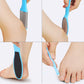 Blue foot rasp and scraper tools shown in use on heel and around toes
