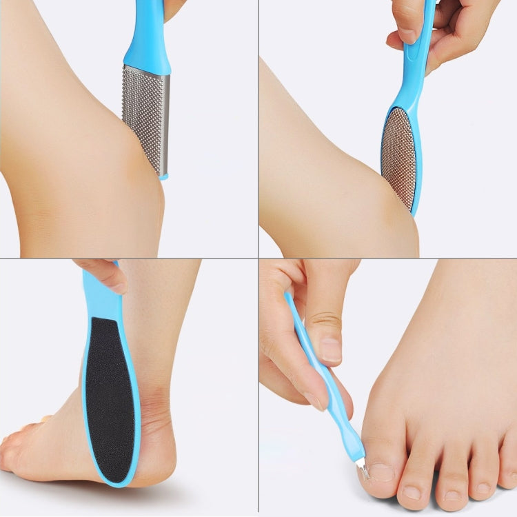 Blue foot rasp and scraper tools shown in use on heel and around toes
