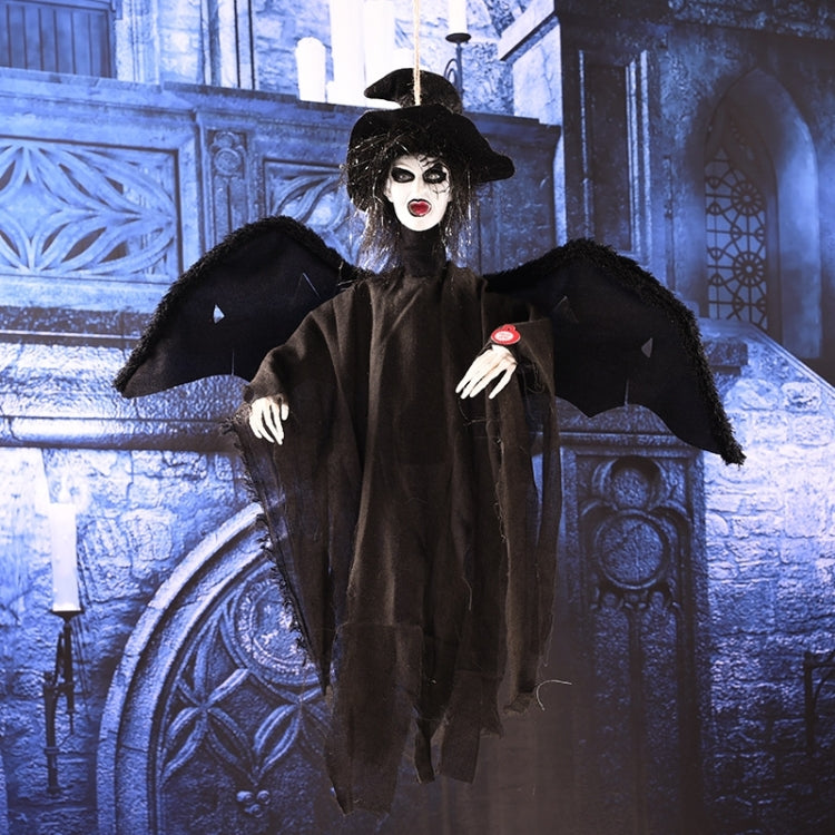 Hanging ghost decoration in black with wide-brim hat, skull-like face, and draped robe