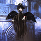 Hanging ghost decoration, front view: black hat and robe with skull face and dangling arms
