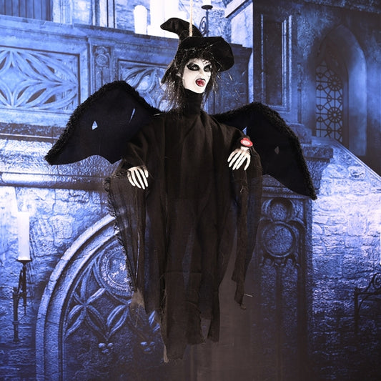 Black hanging Halloween ghost decoration, front view with large hat and ragged dark cloak