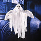 White hanging ghost decoration with tattered fabric, black eyes, and open mouth