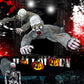 Crawling zombie ghost costume figure with skull mask, yellow eyes, claw gloves, gray robe