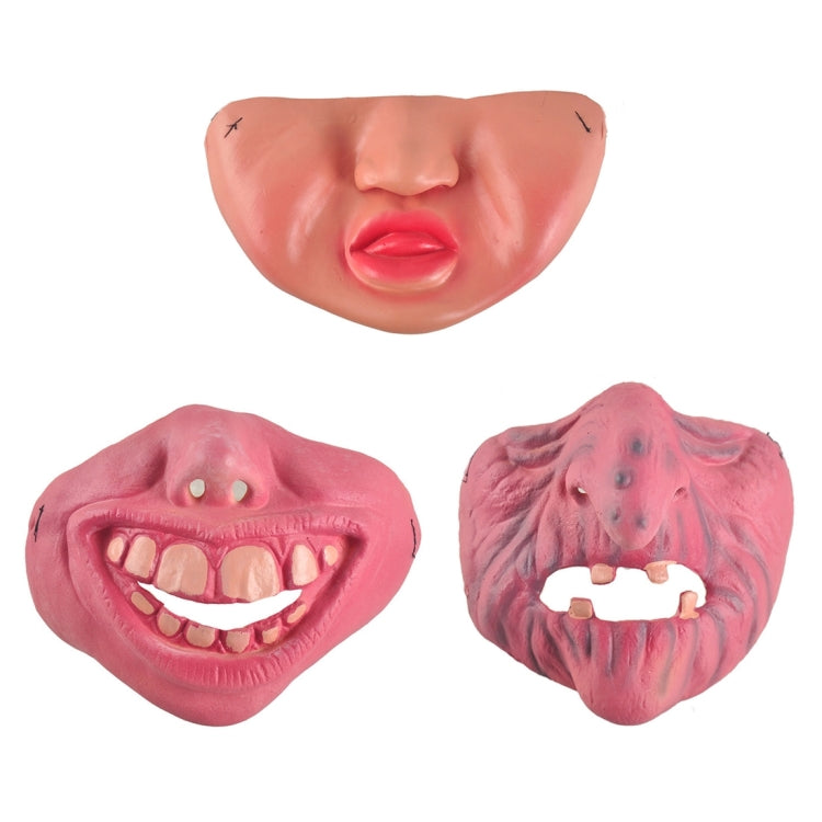 Pink clown latex half-face masks with teeth, including sinister grin and open-mouthed faces
