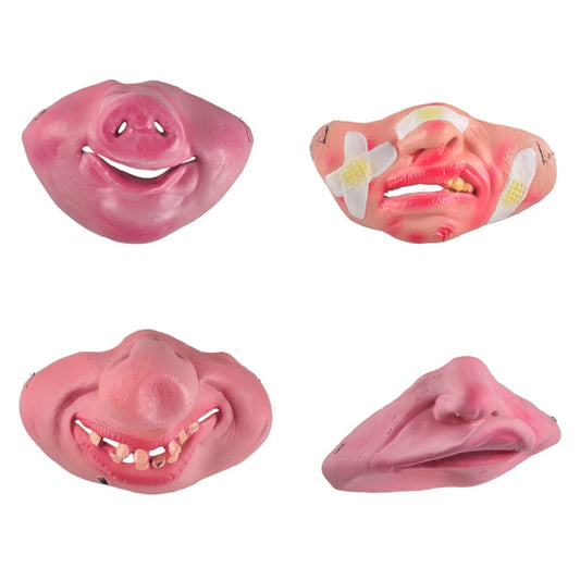 Set of pink clown latex half-face masks with cartoon eyes and scary tooth expressions