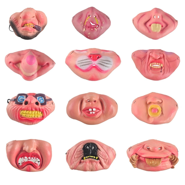 Assorted clown latex half-face masks, pink scary faces with varied mouths and teeth