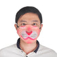 Person wearing pink clown latex half-face mask with white eye patches and red nose