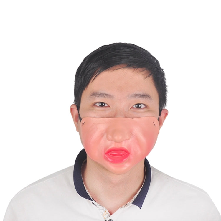 Person wearing light pink clown latex half-face mask with red lips and stitched face details