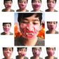 Collage of photos showing a person wearing pink clown latex half-face masks