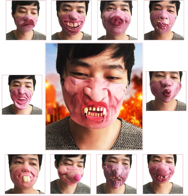 Collage of photos showing a person wearing pink clown latex half-face masks