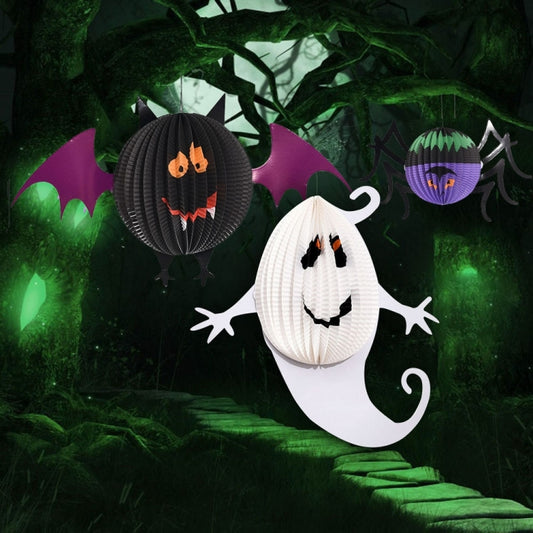 Halloween ghost, bat, and spider paper lantern decorations set, hanging style