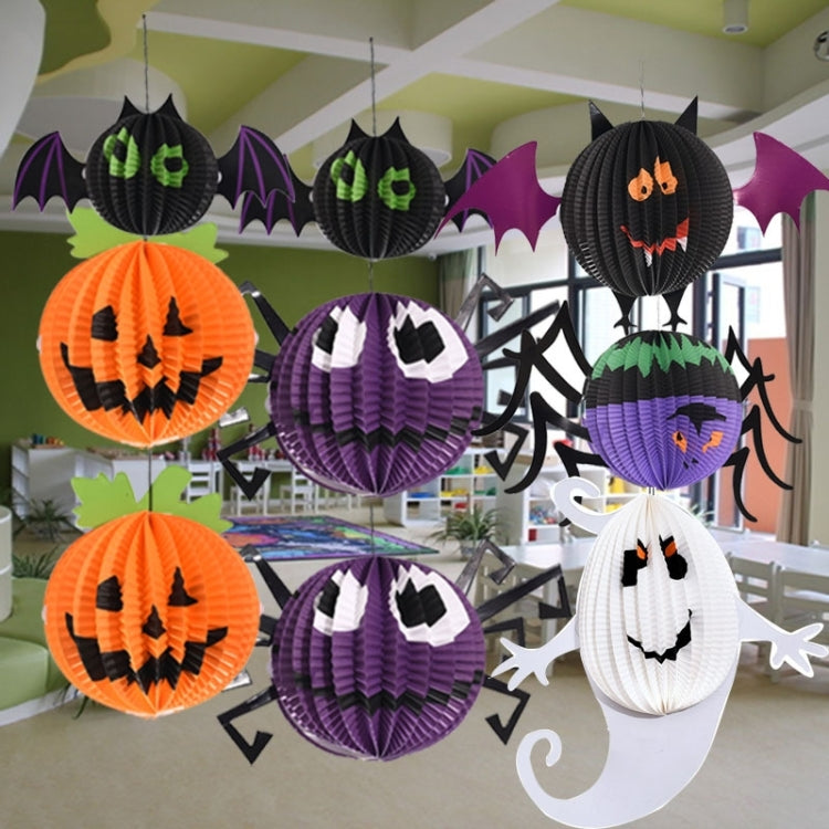Set of hanging Halloween ghost, bat, and spider paper lanterns with spooky faces