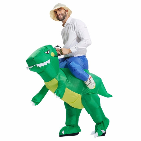 Green inflatable dinosaur costume with white eye teeth and blue arms
